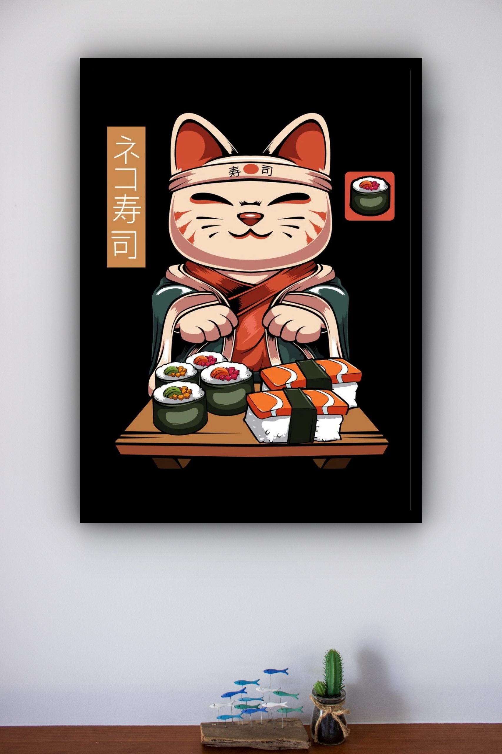 Quadro Decorativo Oriental Gato Sushi - 70x50 cm