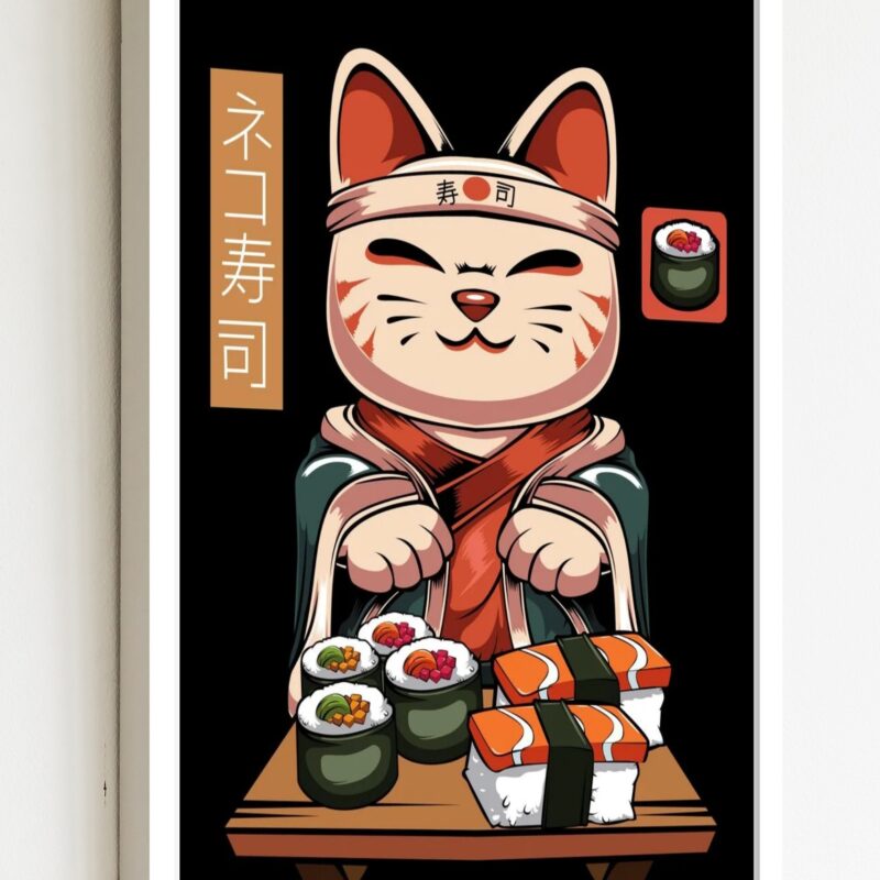 Quadro Decorativo Oriental Gato Sushi - 70x50 cm