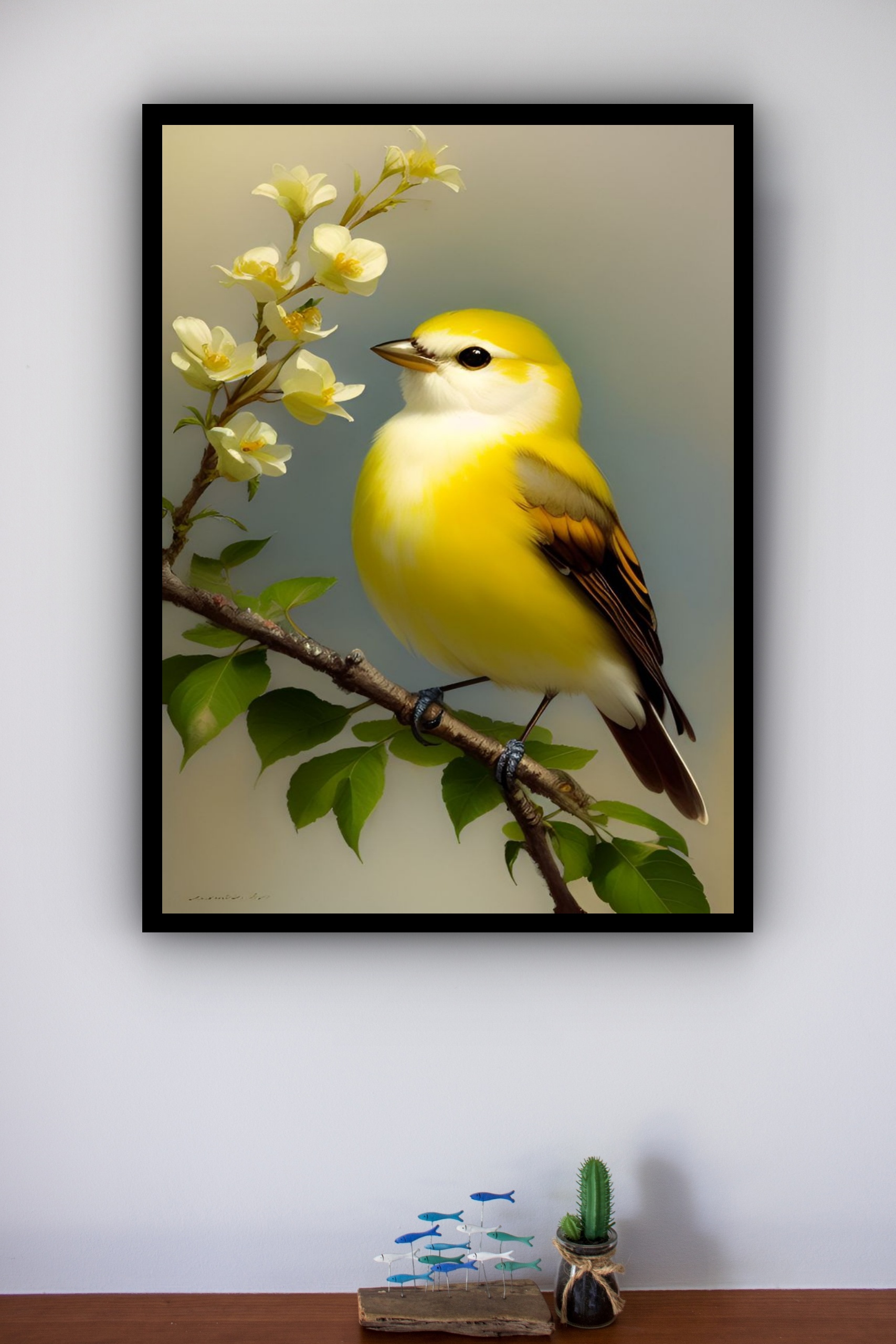 Quadro Decorativo Pássaro Canário Amarelo - 70x50 cm