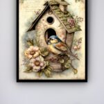 Quadro Decorativo Pássaro Casinha Vintage - 70x50 cm
