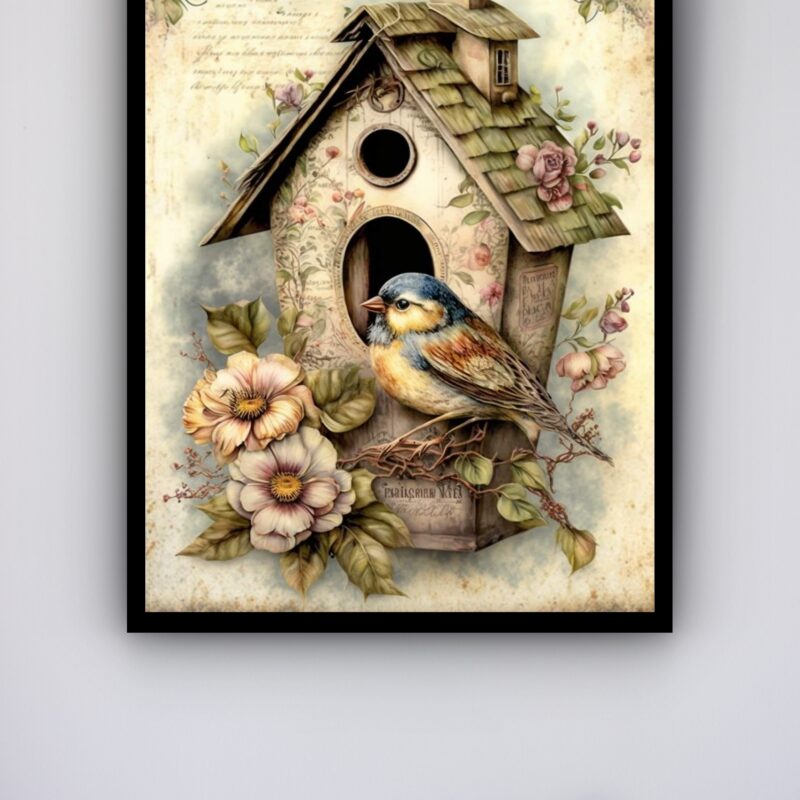 Quadro Decorativo Pássaro Casinha Vintage - 70x50 cm