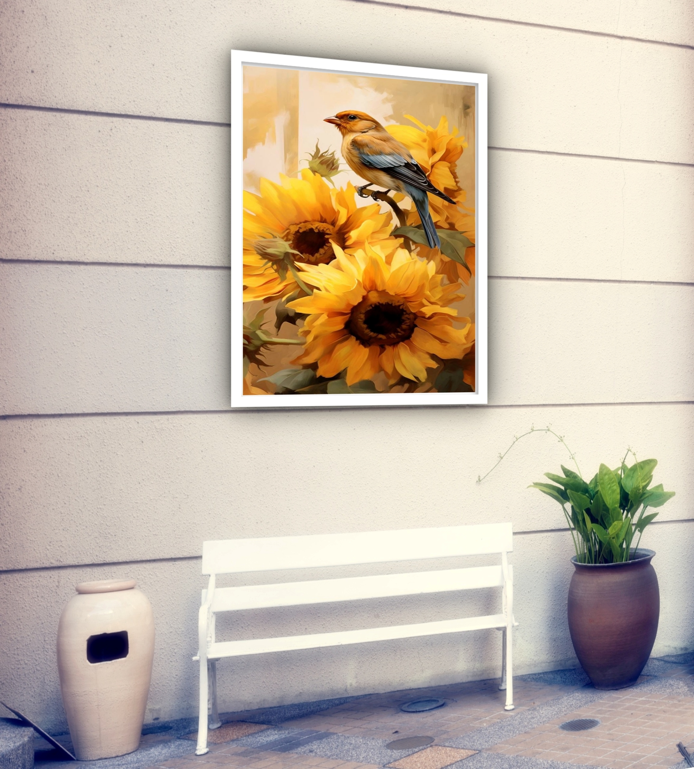 Quadro Decorativo Pássaro Filhote Girassóis - 70x50 cm