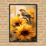 Quadro Decorativo Pássaro Filhote Girassóis - 70x50 cm