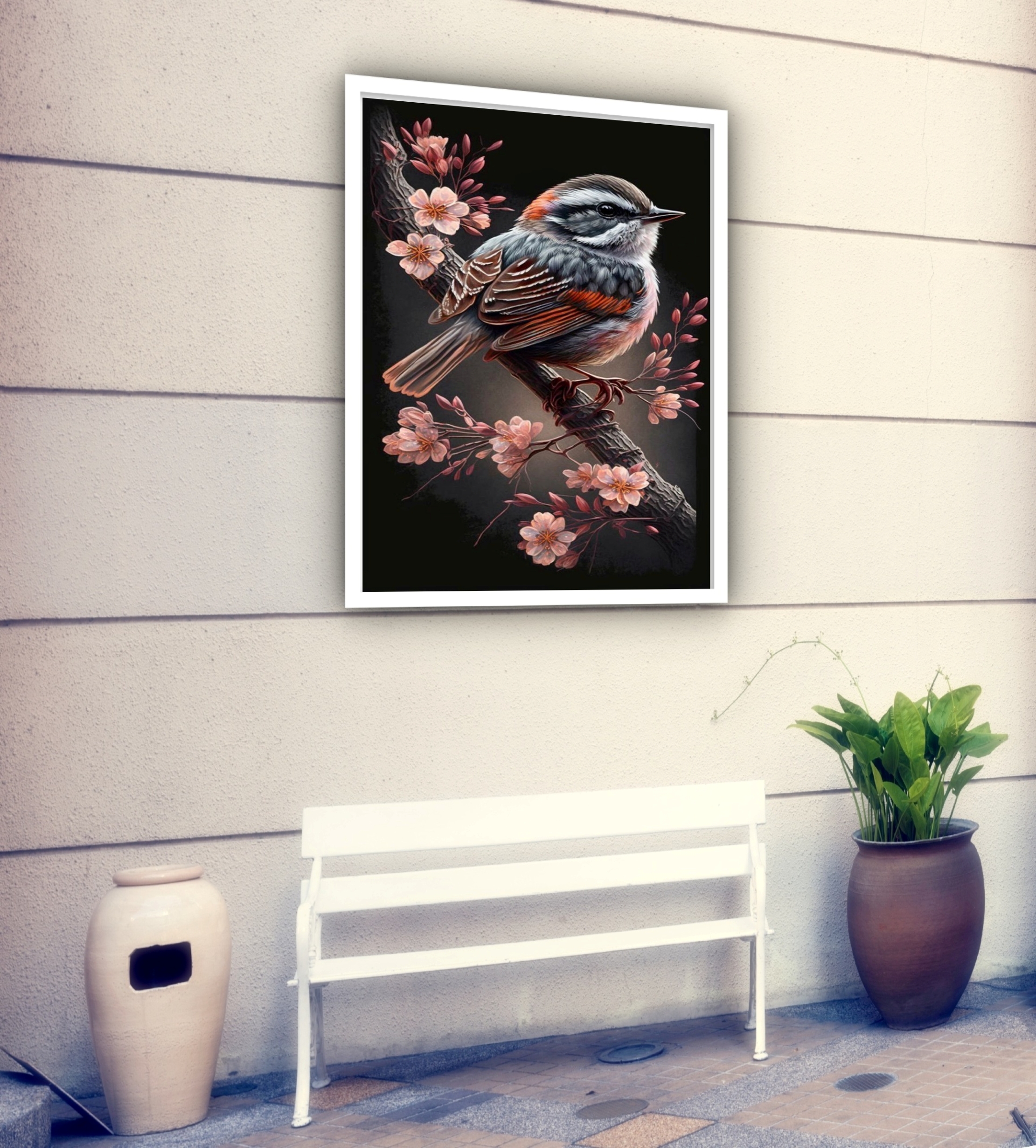 Quadro Decorativo Pássaro Filhote Ramo Flores - 70x50 cm