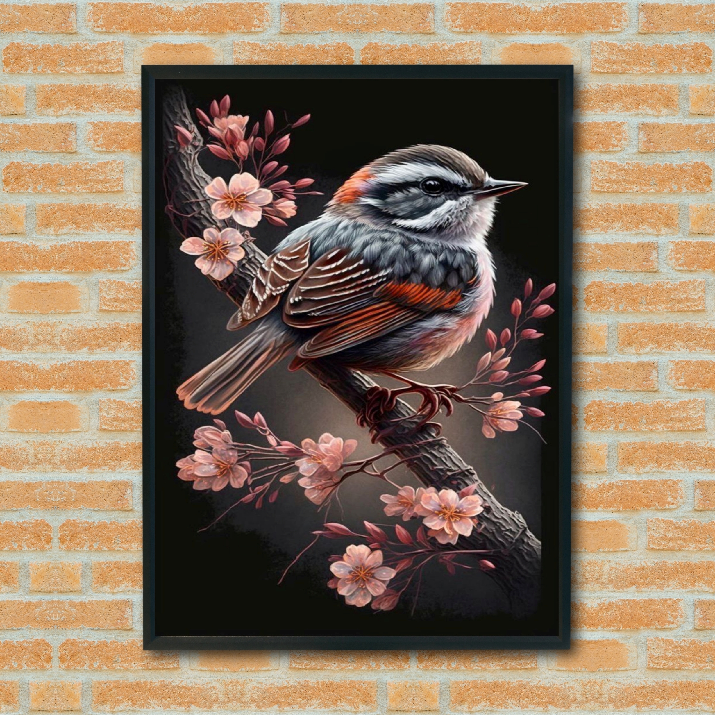 Quadro Decorativo Pássaro Filhote Ramo Flores - 70x50 cm