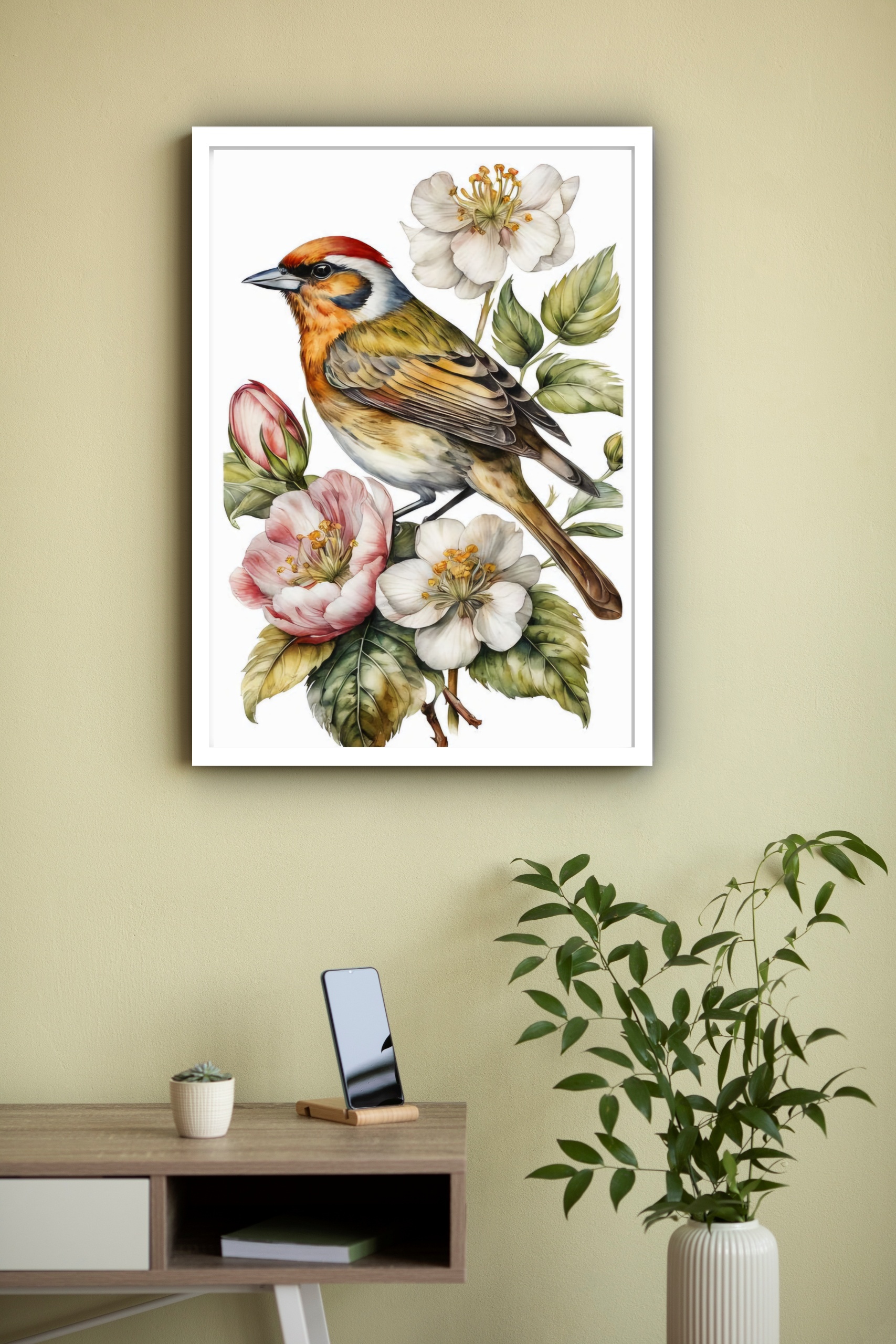Quadro Decorativo Pássaro Flores Branca e Rosa - 70x50 cm