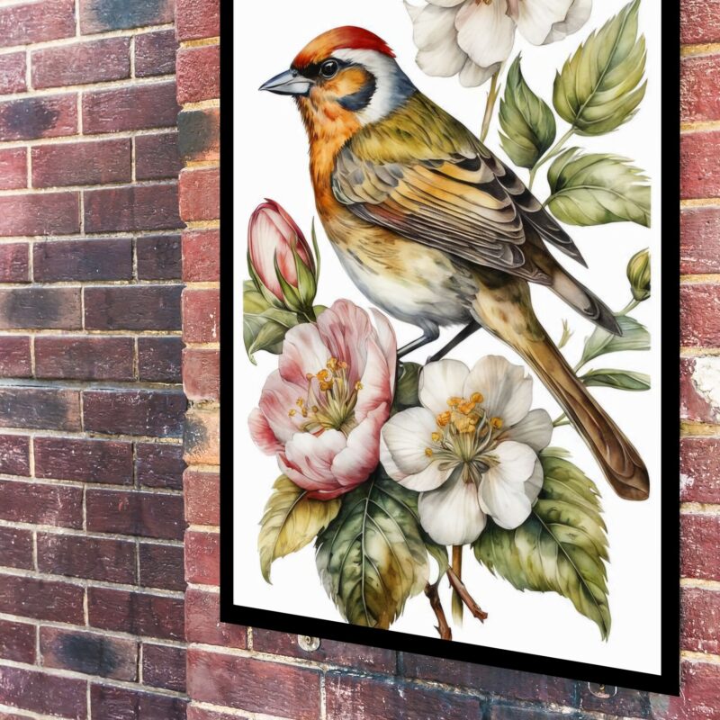 Quadro Decorativo Pássaro Flores Branca e Rosa - 70x50 cm
