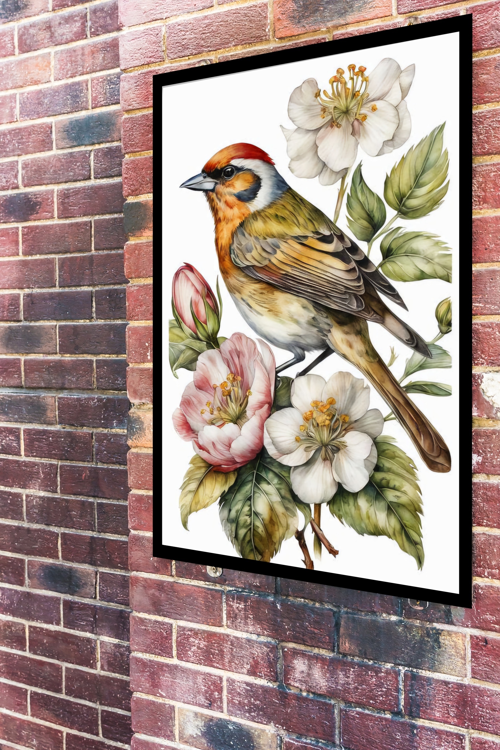 Quadro Decorativo Pássaro Flores Branca e Rosa - 70x50 cm