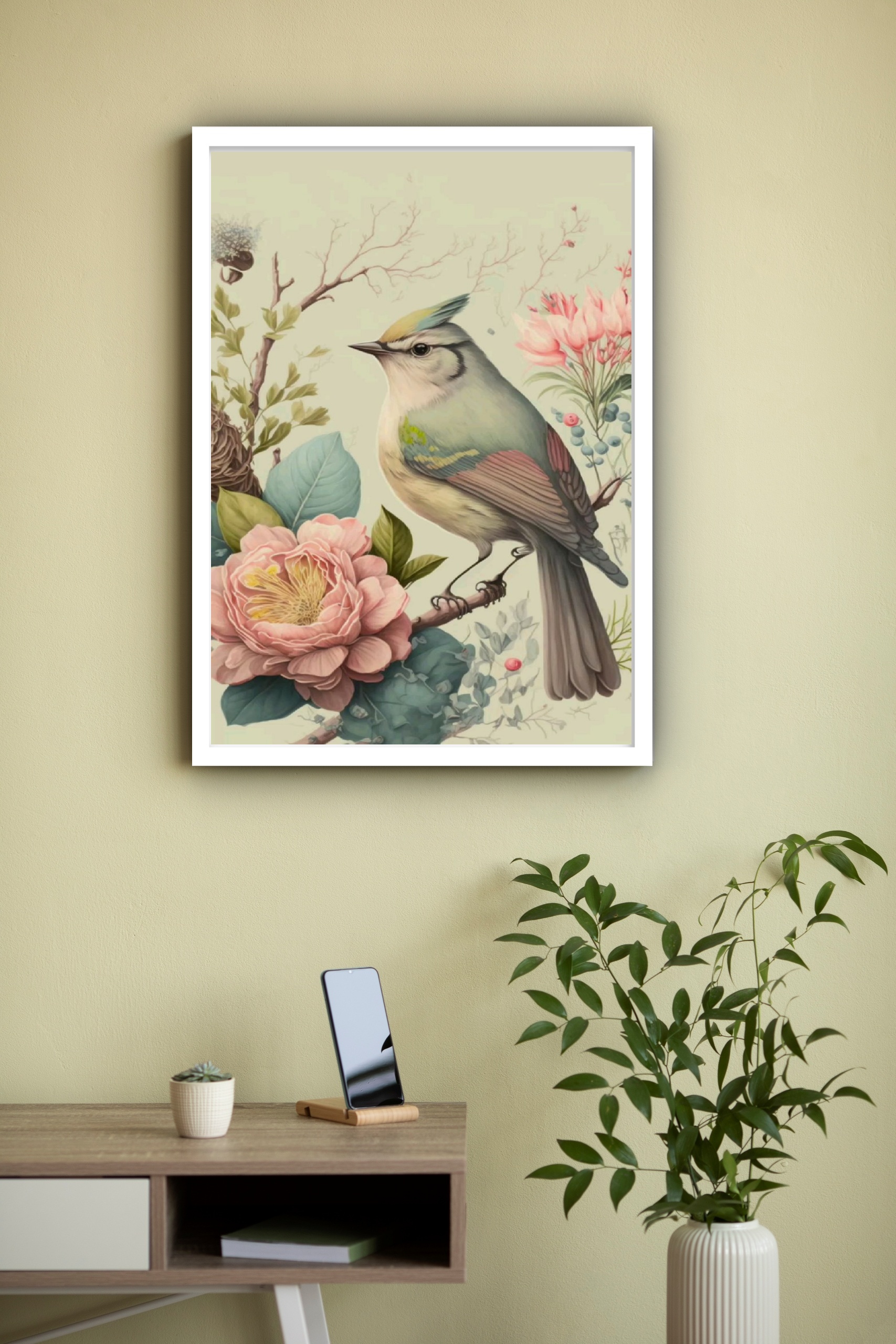 Quadro Decorativo Pássaro Flores Rosa Vintage - 70x50 cm