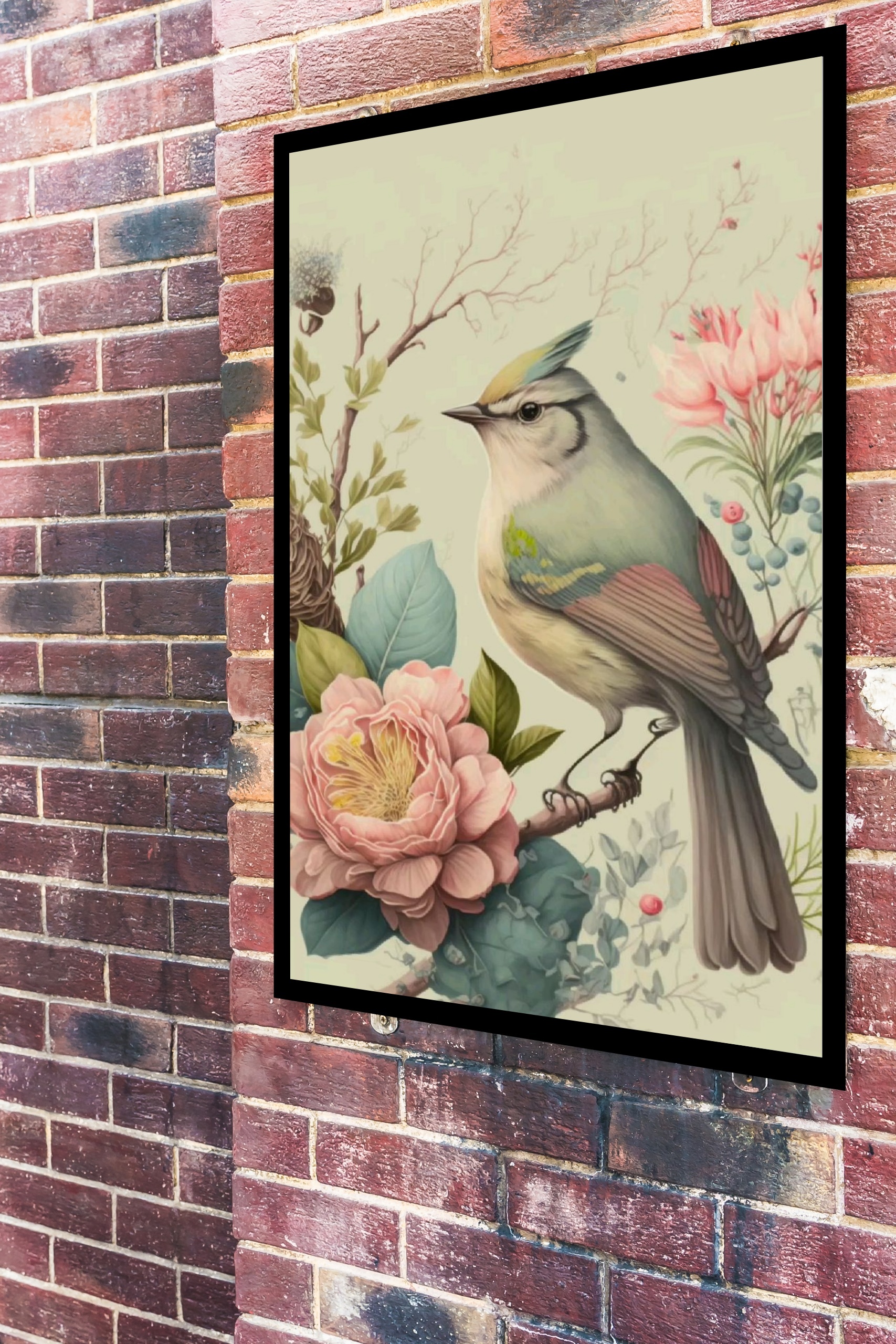 Quadro Decorativo Pássaro Flores Rosa Vintage - 70x50 cm