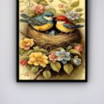 Quadro Decorativo Pássaros Ninho Filhote Flores - 70x50 cm