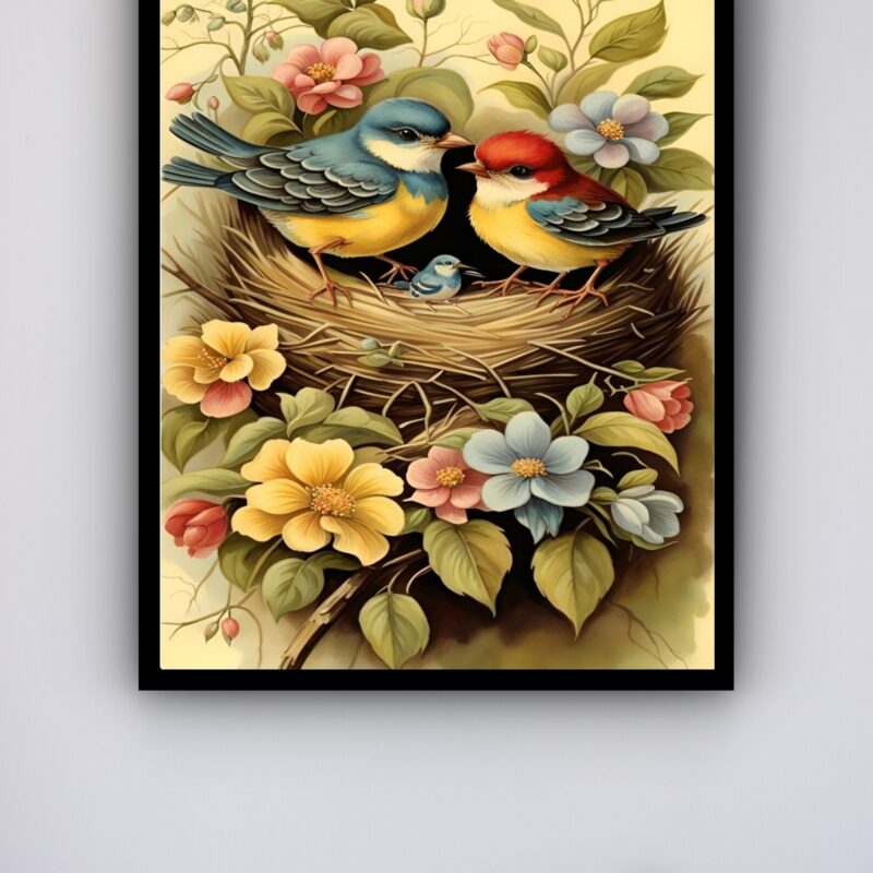 Quadro Decorativo Pássaros Ninho Filhote Flores - 70x50 cm