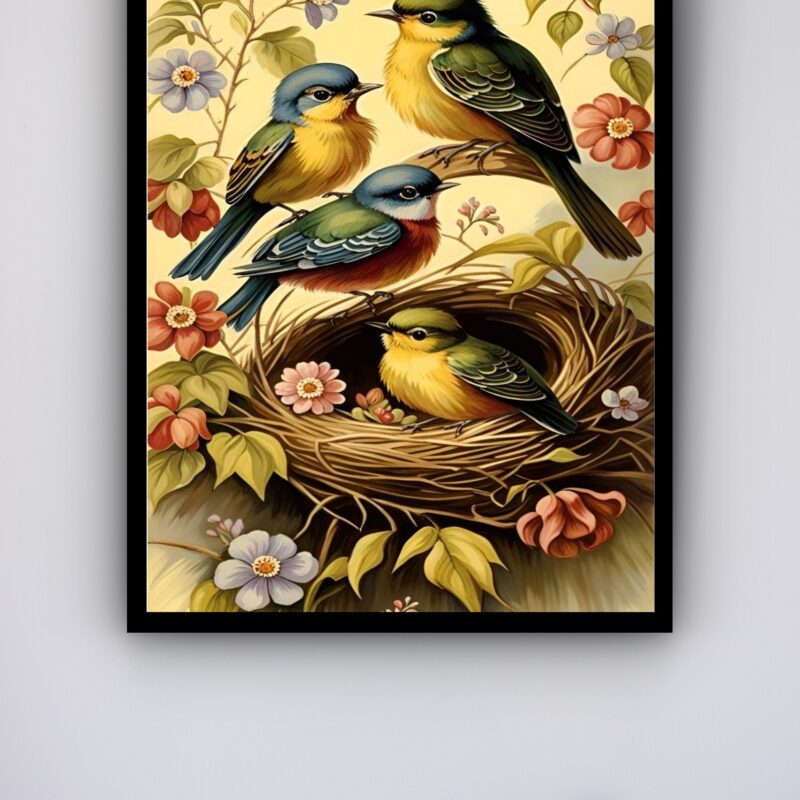Quadro Decorativo Pássaros Ninho Flores - 70x50 cm