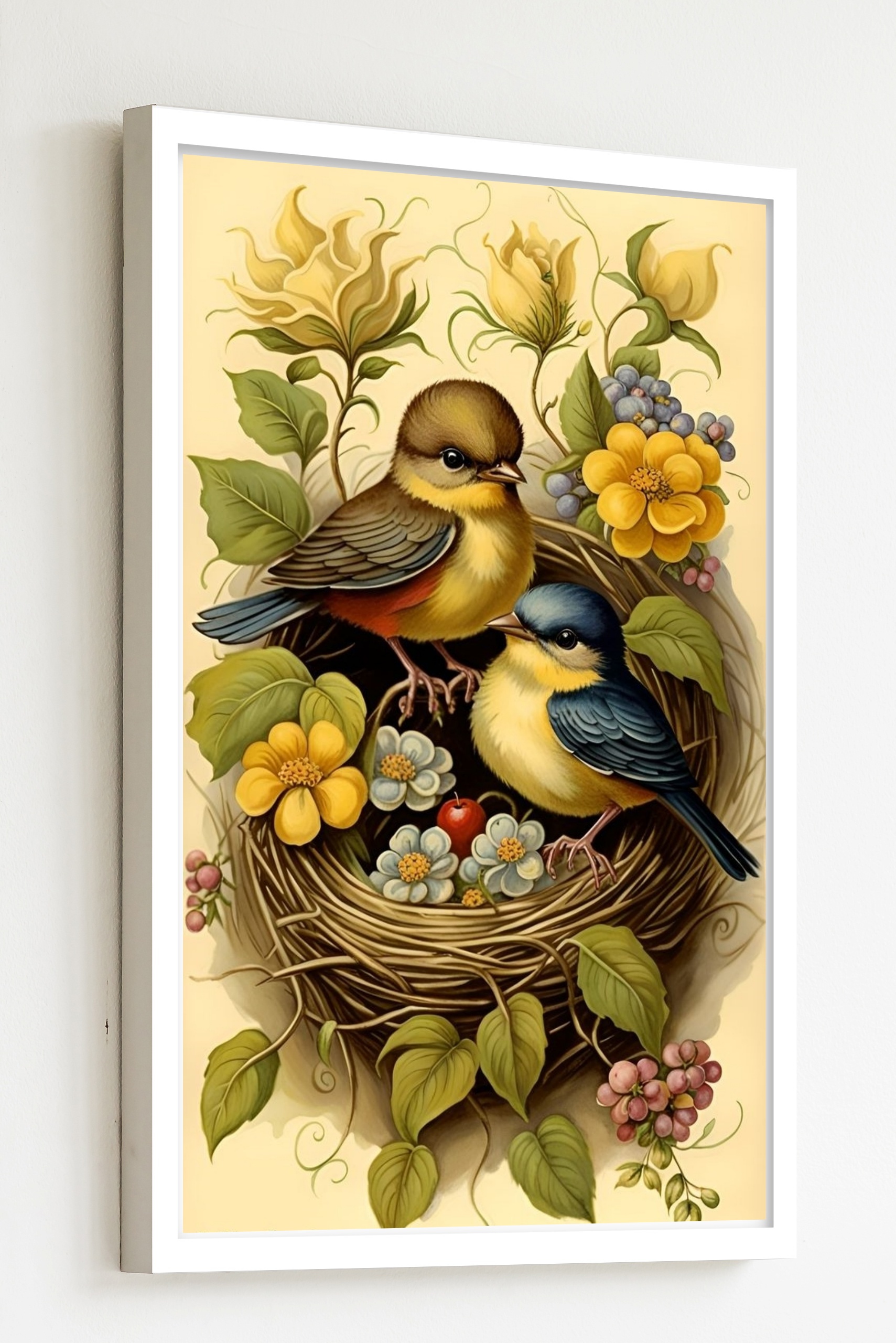Quadro Decorativo Pássaros Ninho Fruta Flores - 70x50 cm