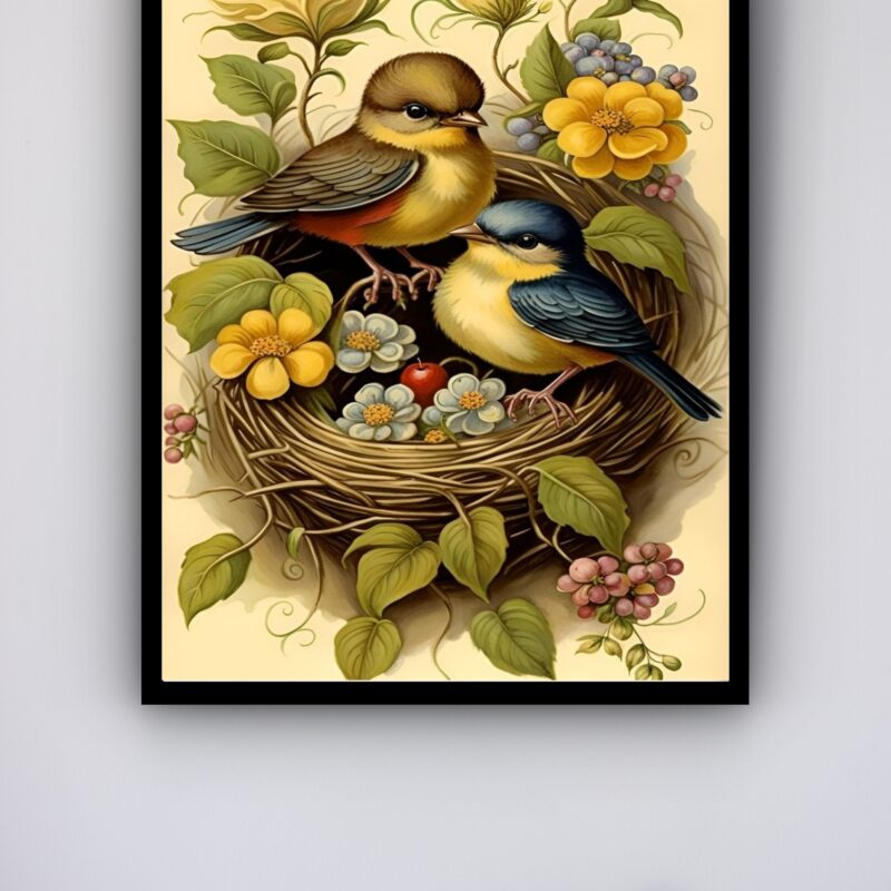 Quadro Decorativo Pássaros Ninho Fruta Flores - 70x50 cm