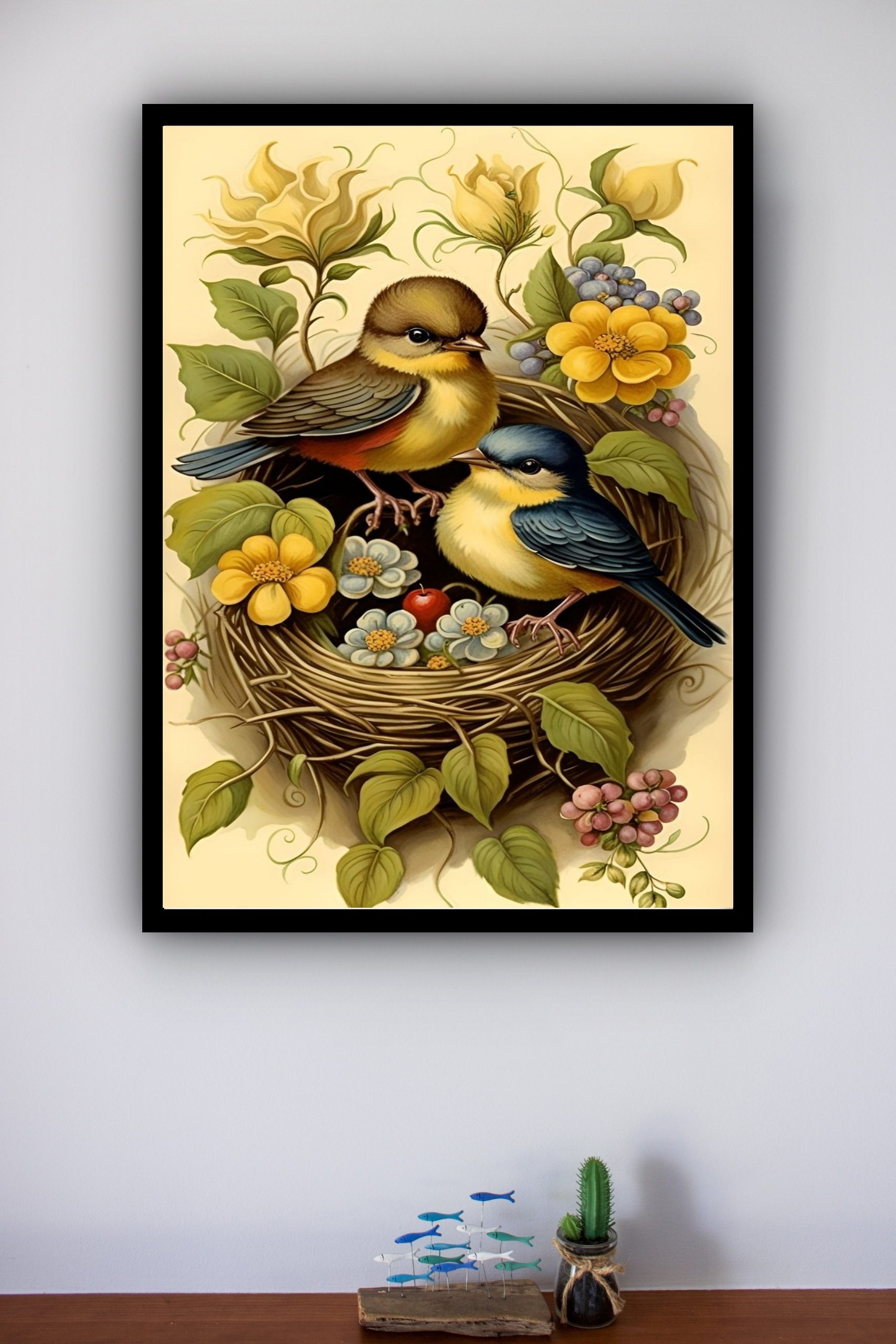 Quadro Decorativo Pássaros Ninho Fruta Flores - 70x50 cm