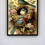Quadro Decorativo Pássaros Ninho Trio Flores - 70x50 cm