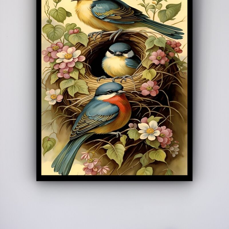 Quadro Decorativo Pássaros Ninho Trio Flores - 70x50 cm