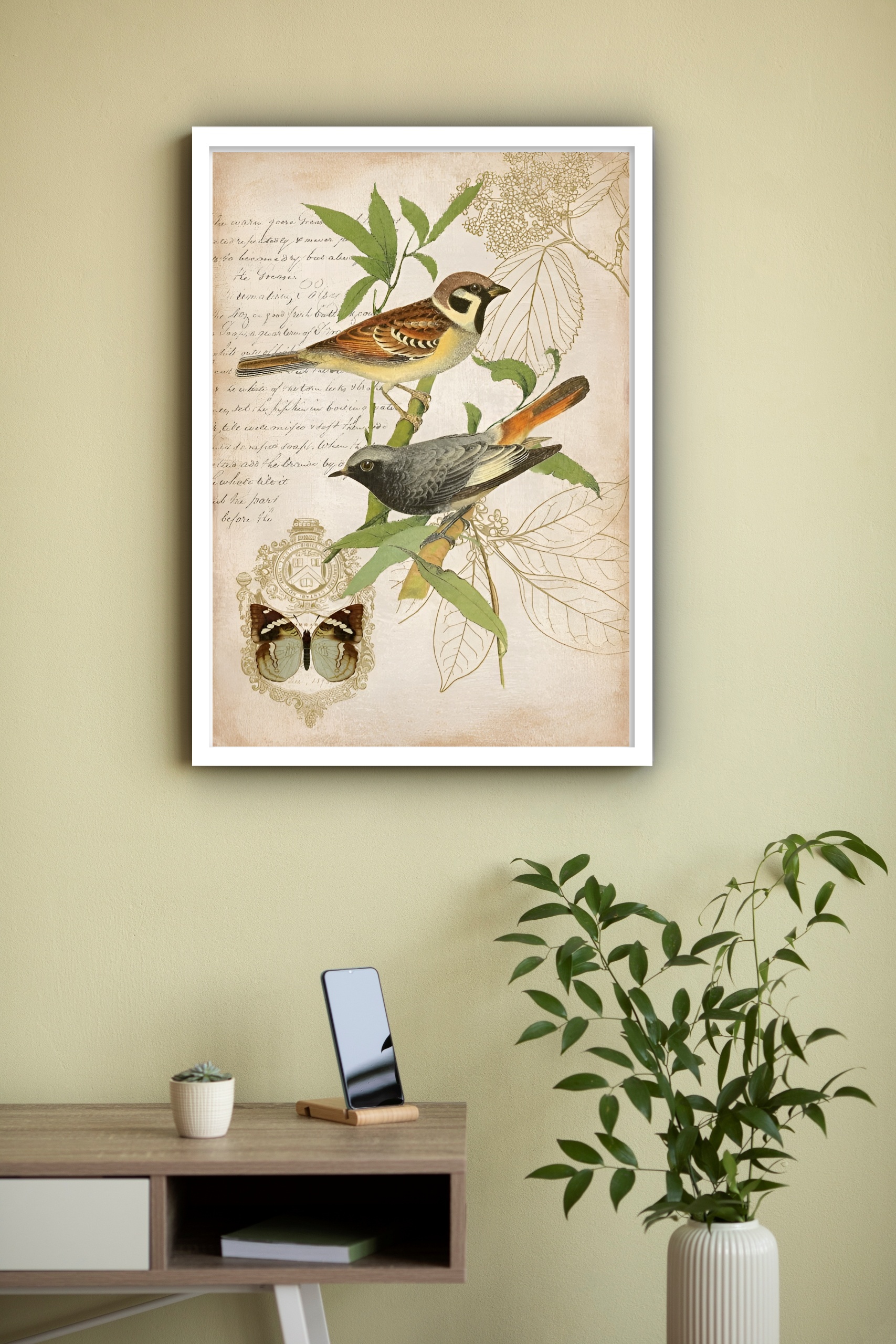 Quadro Decorativo Pássaros No Ramo Vintage - 70x50 cm