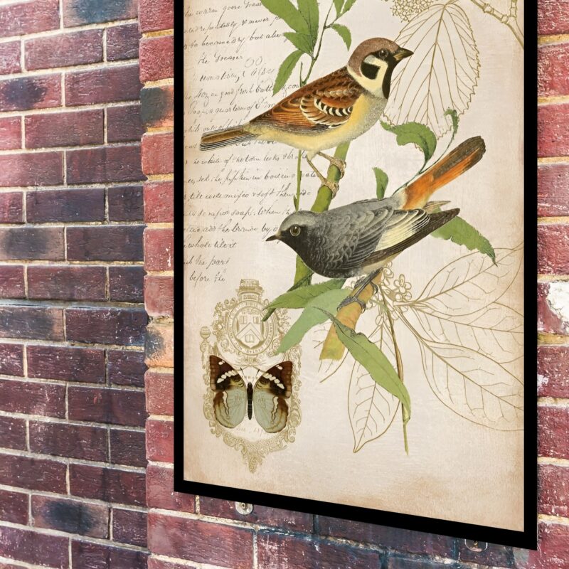 Quadro Decorativo Pássaros No Ramo Vintage - 70x50 cm