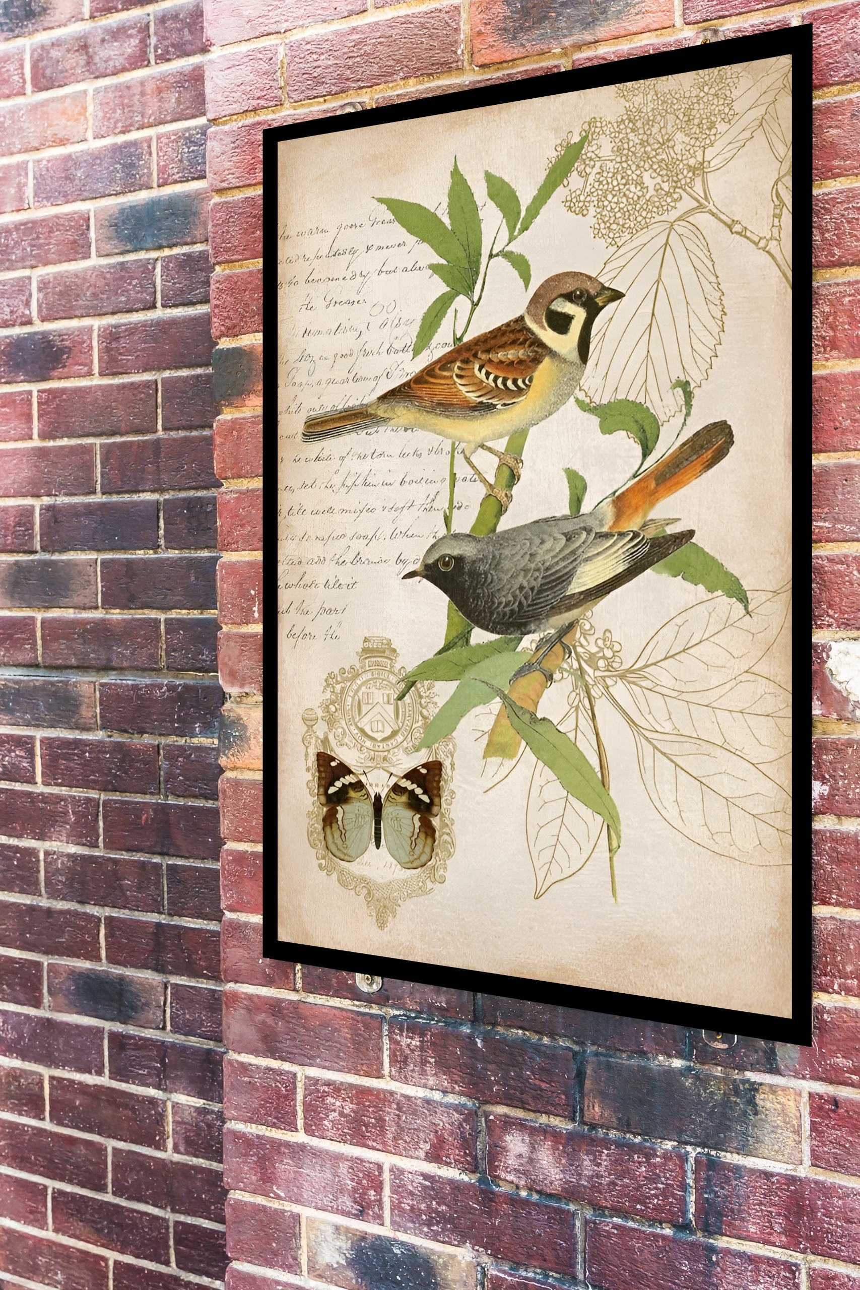 Quadro Decorativo Pássaros No Ramo Vintage - 70x50 cm