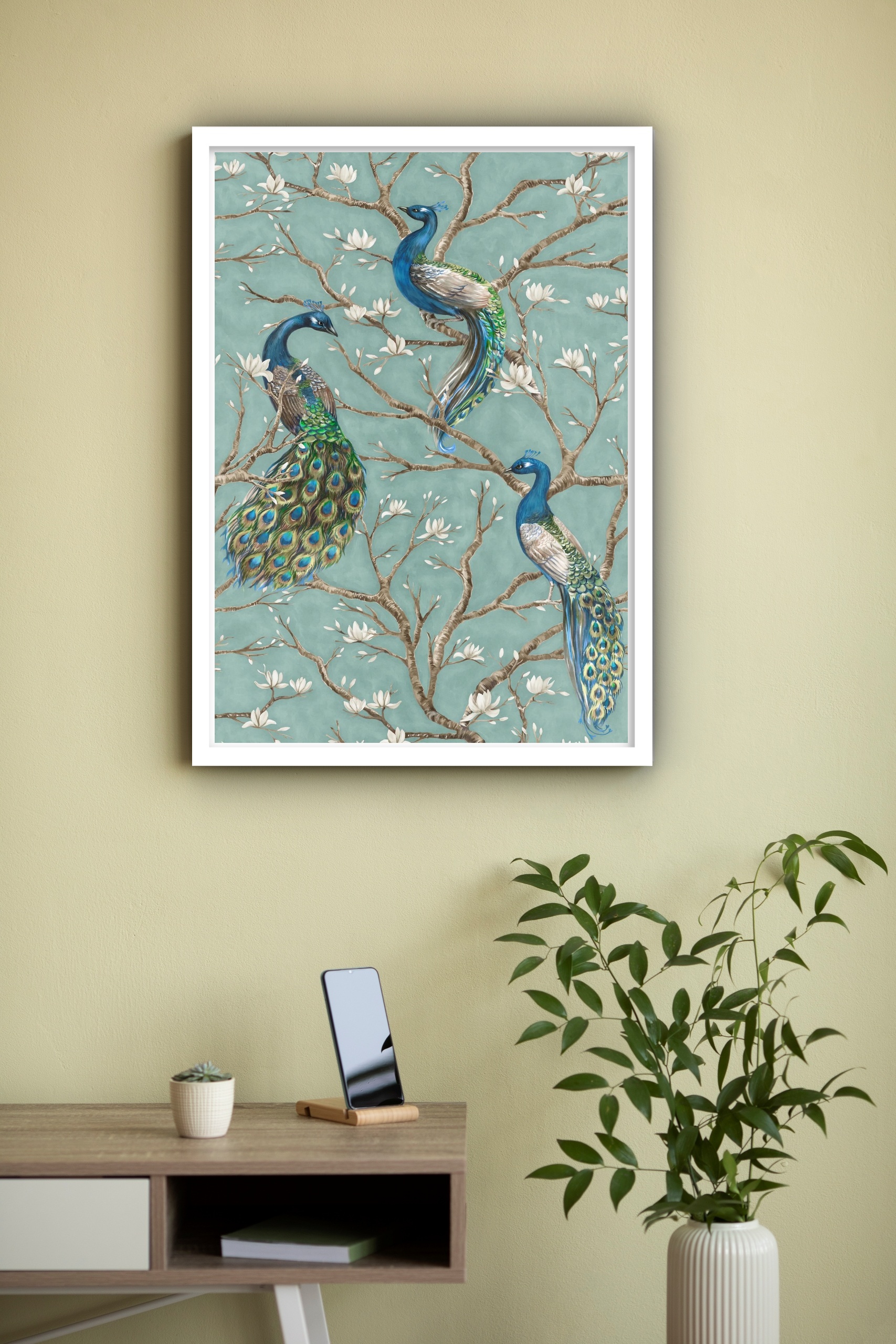 Quadro Decorativo Pavões Na Árvore - 70x50 cm