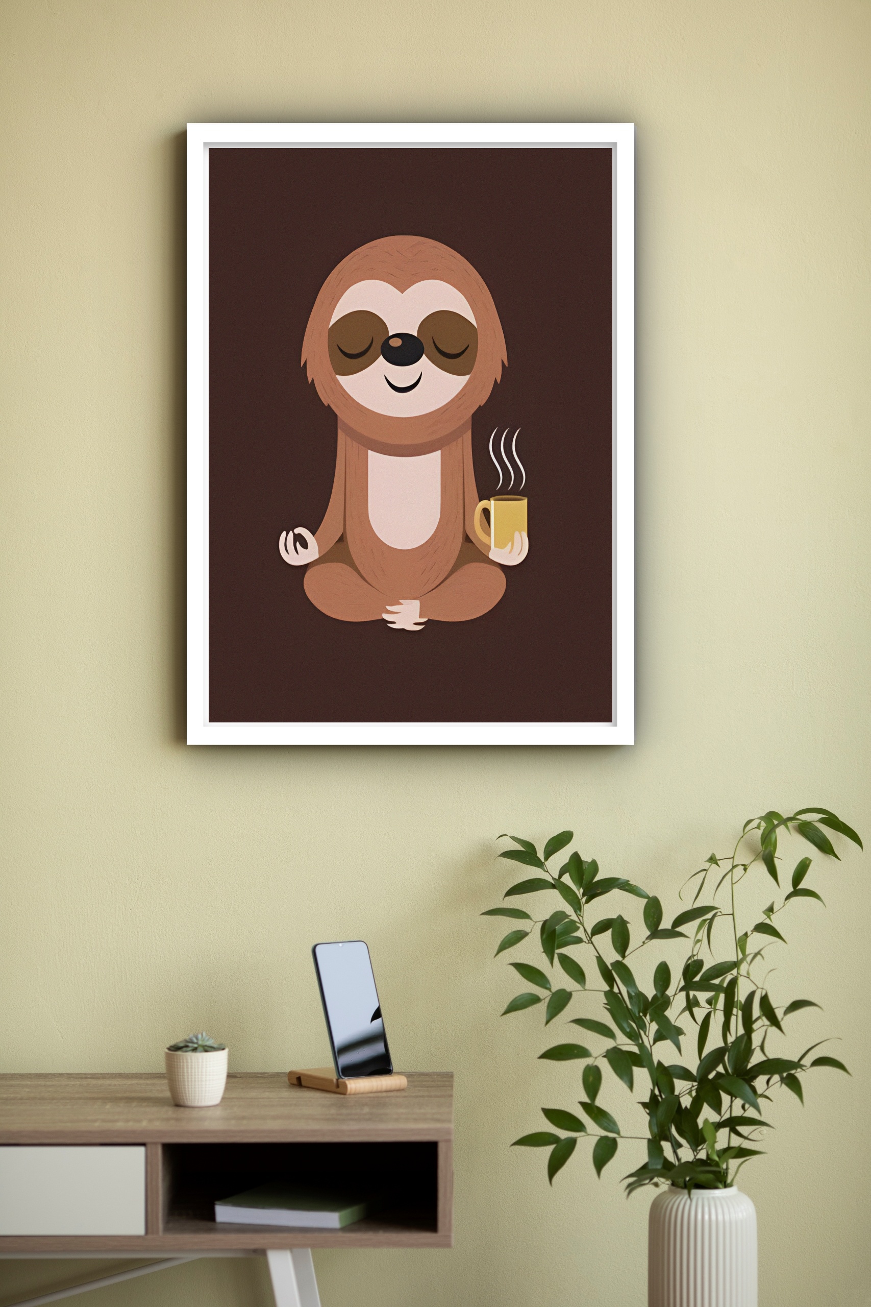 Quadro Decorativo Preguiça Meditando Com Café - 70x50 cm
