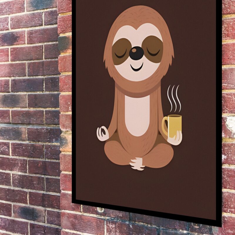 Quadro Decorativo Preguiça Meditando Com Café - 70x50 cm