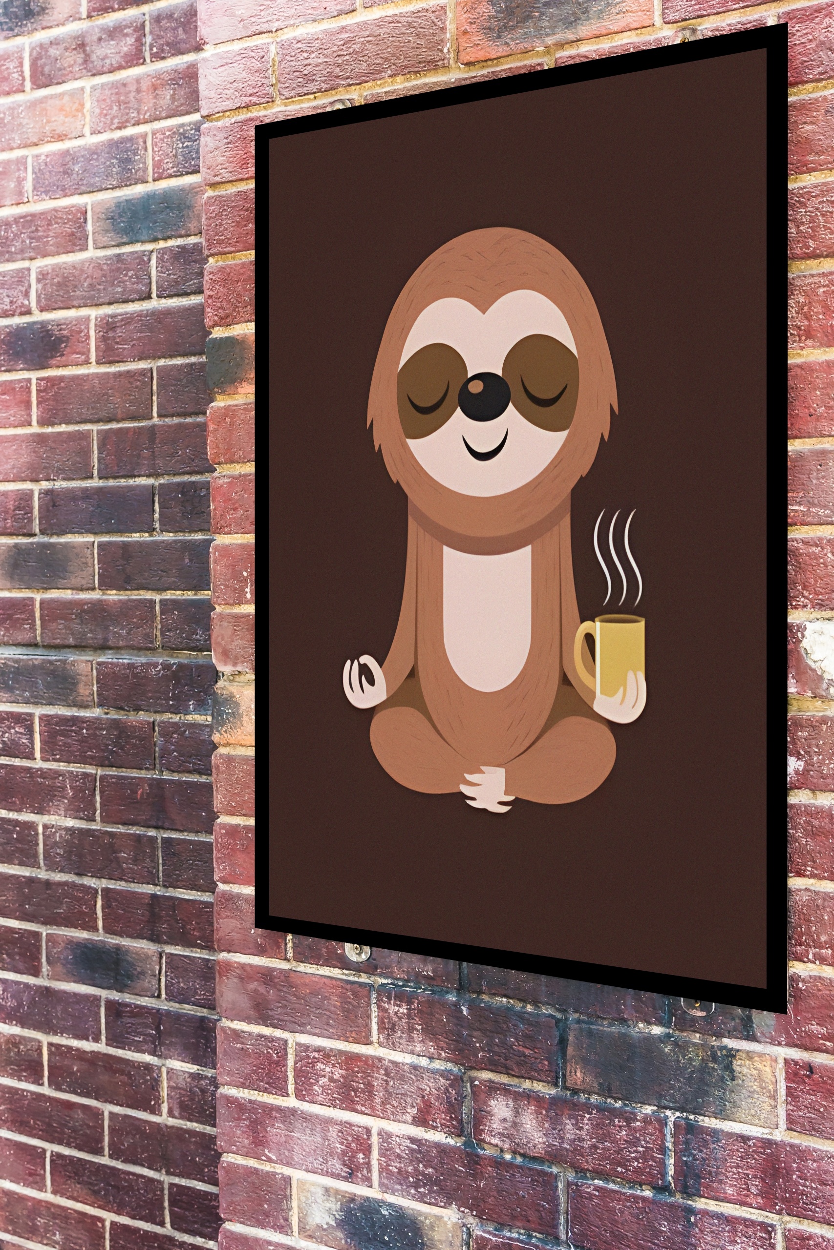 Quadro Decorativo Preguiça Meditando Com Café - 70x50 cm