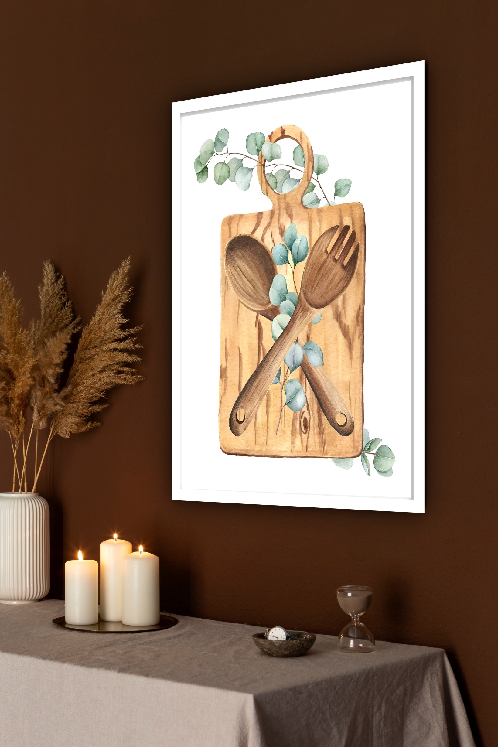 Quadro Decorativo Tábua Talher Folhas Cozinha - 70x50 cm