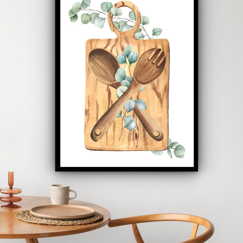 Quadro Decorativo Tábua Talher Folhas Cozinha - 70x50 cm