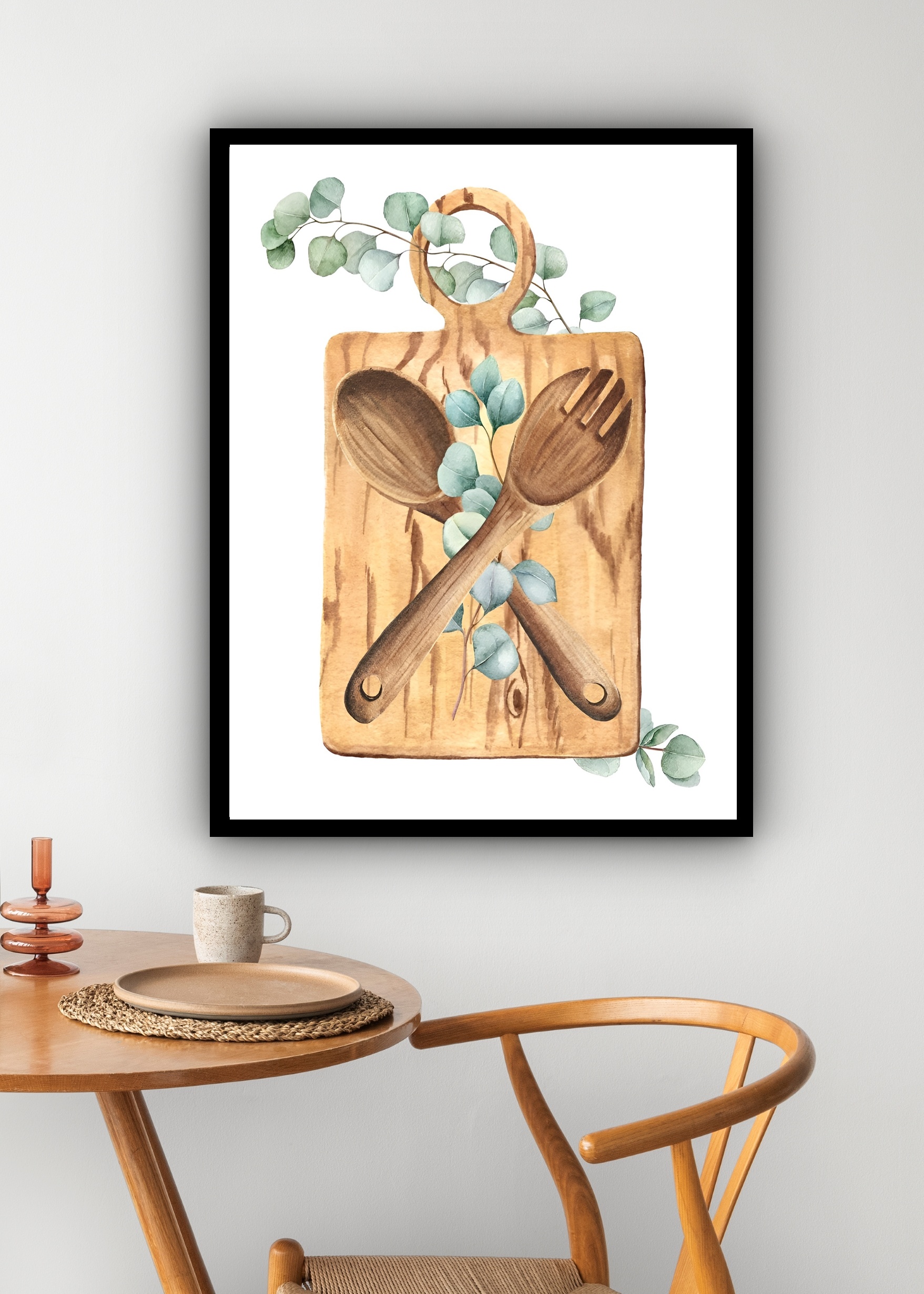 Quadro Decorativo Tábua Talher Folhas Cozinha - 70x50 cm