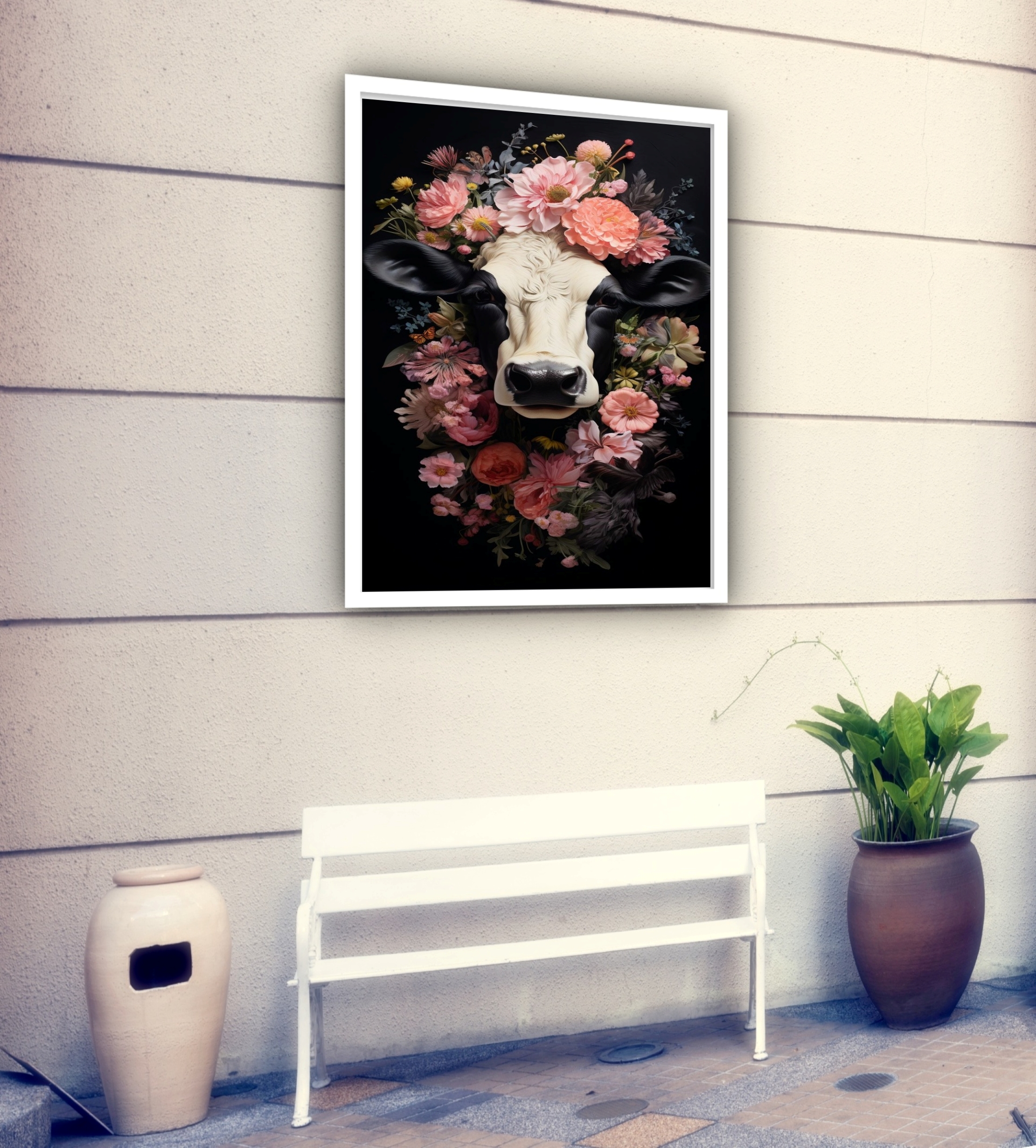 Quadro Decorativo Vaca Coroa Flores - 70x50 cm