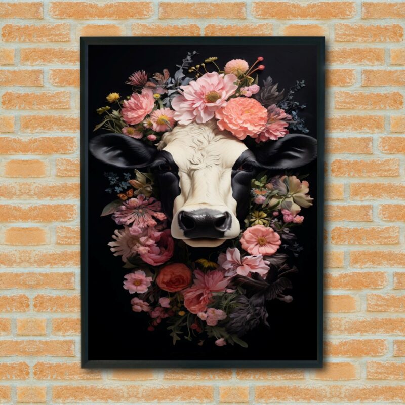 Quadro Decorativo Vaca Coroa Flores - 70x50 cm