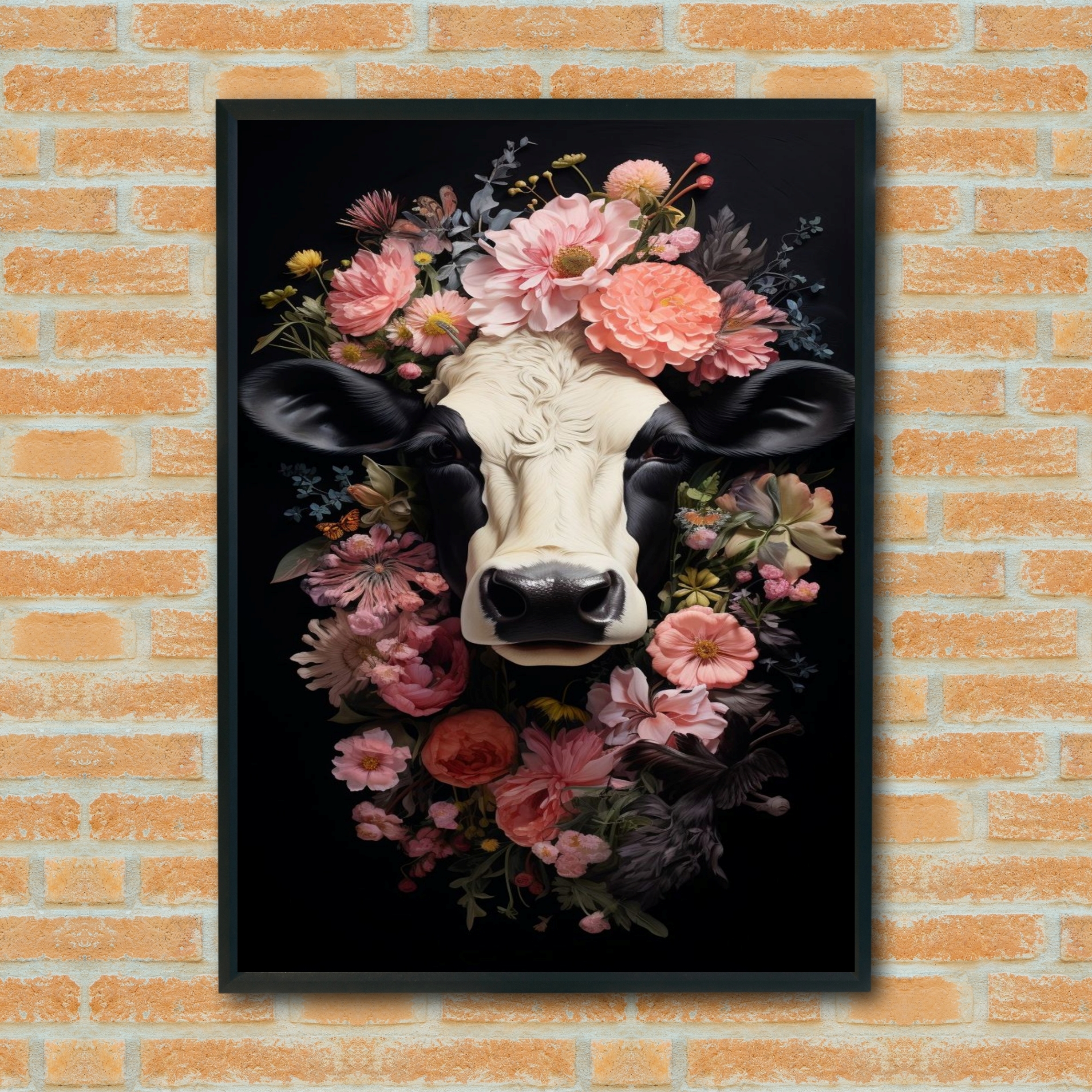 Quadro Decorativo Vaca Coroa Flores - 70x50 cm