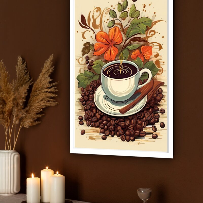 Quadro Decorativo Xícara De Café Com Flores - 70x50 cm