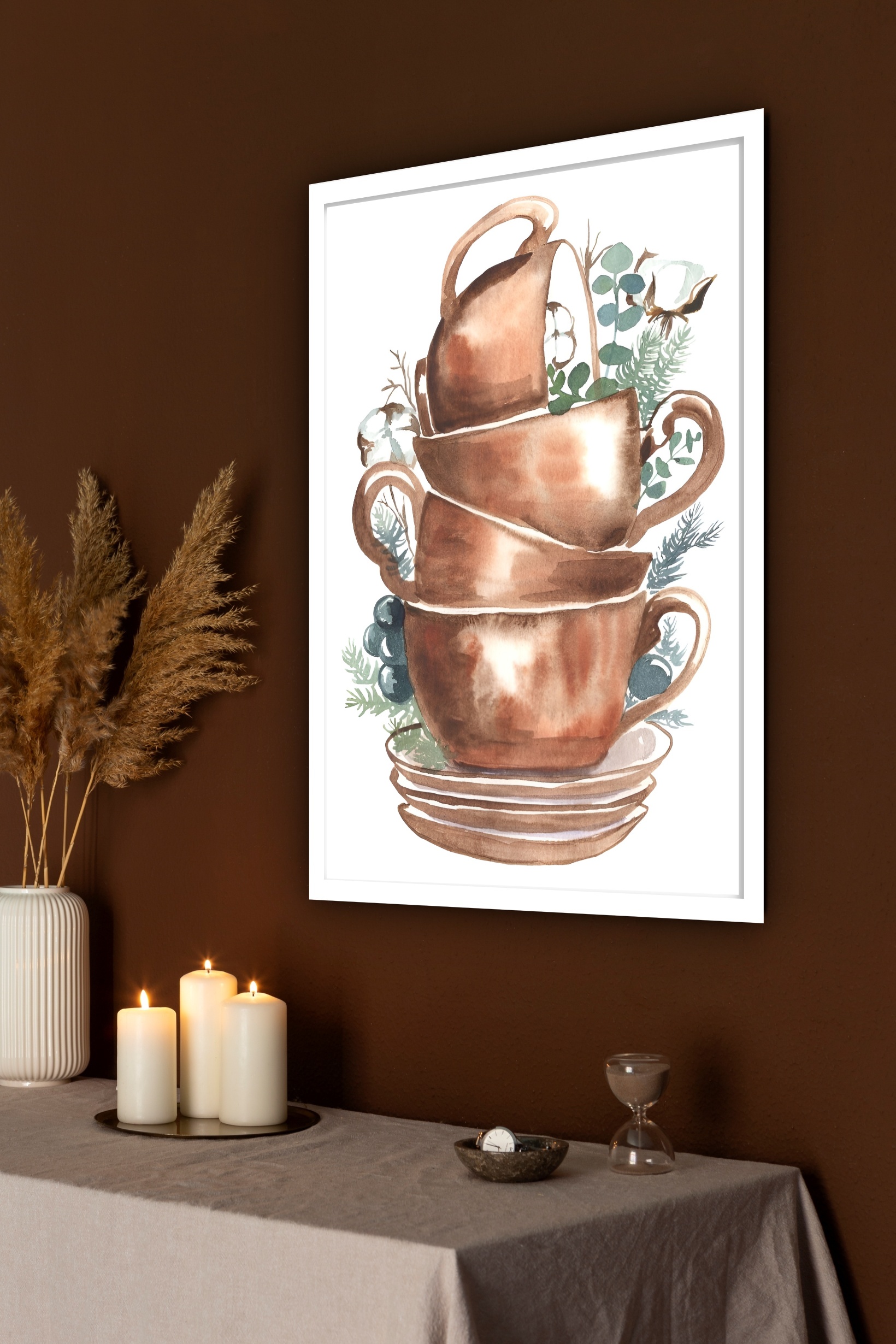 Quadro Decorativo Xícaras Empilhadas Cozinha - 70x50 cm