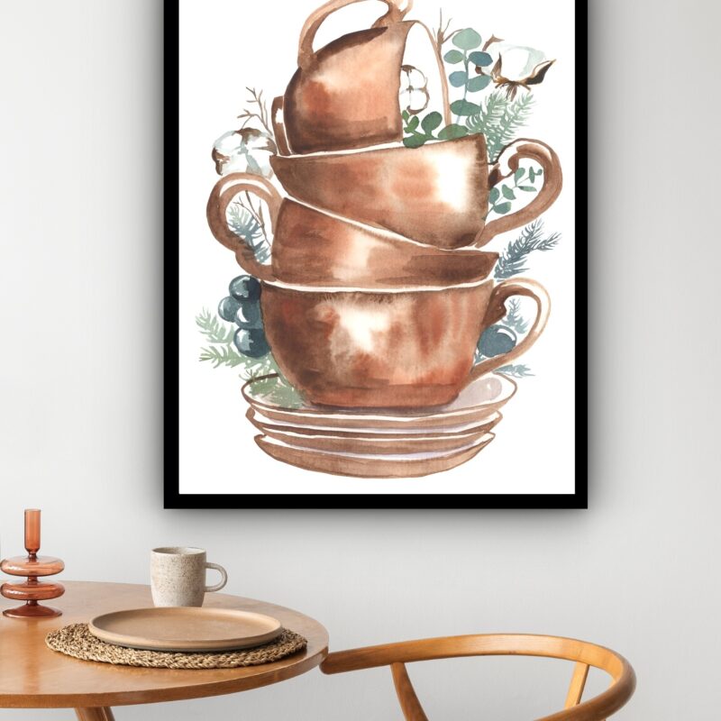 Quadro Decorativo Xícaras Empilhadas Cozinha - 70x50 cm