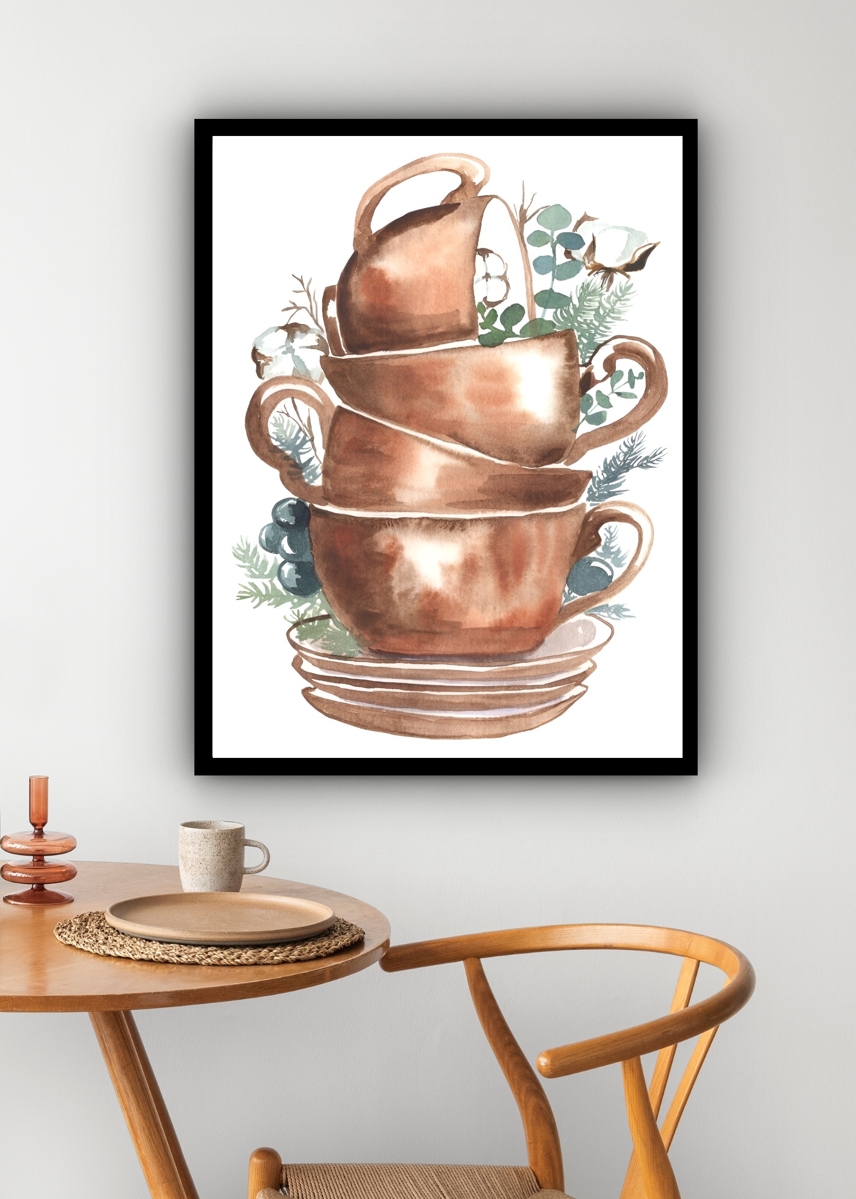 Quadro Decorativo Xícaras Empilhadas Cozinha - 70x50 cm