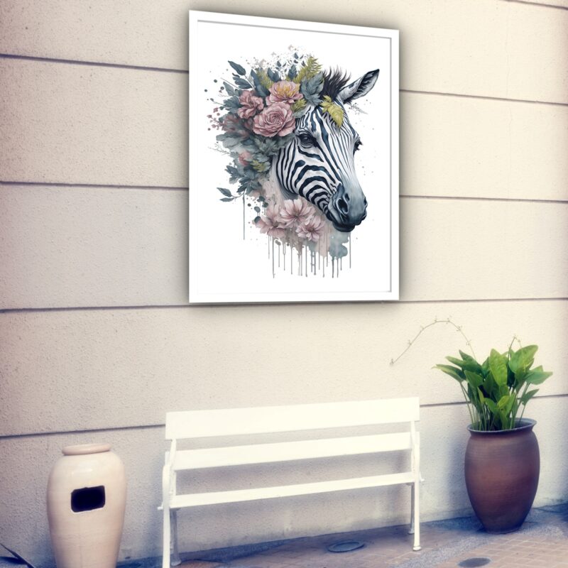 Quadro Decorativo Zebra Coroa De Flores - 70x50 cm