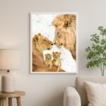 Quadro Família De Leões Aquarela Bege - 2 Filhotes