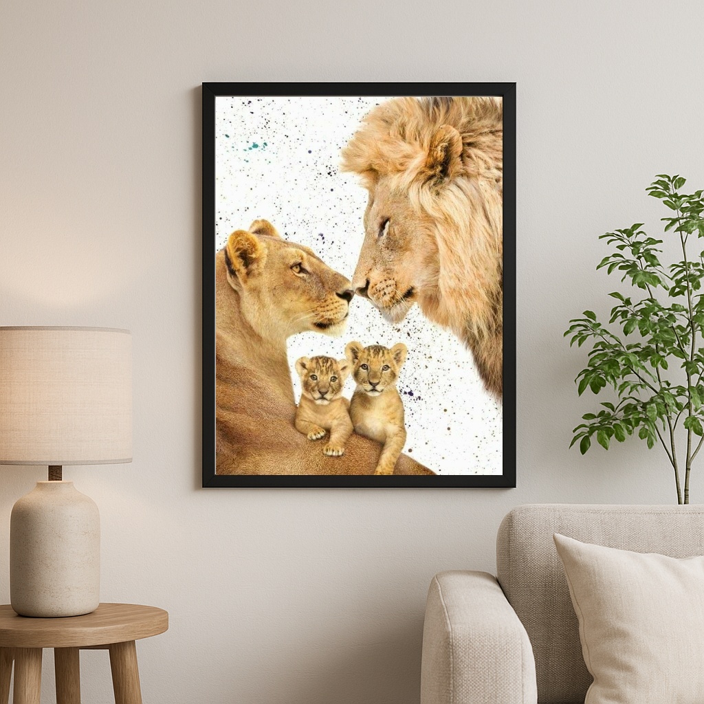 Quadro Família De Leões Aquarela Bege - 2 Filhotes