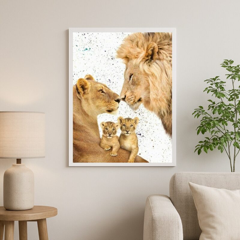 Quadro Família De Leões Aquarela Bege - 2 Filhotes