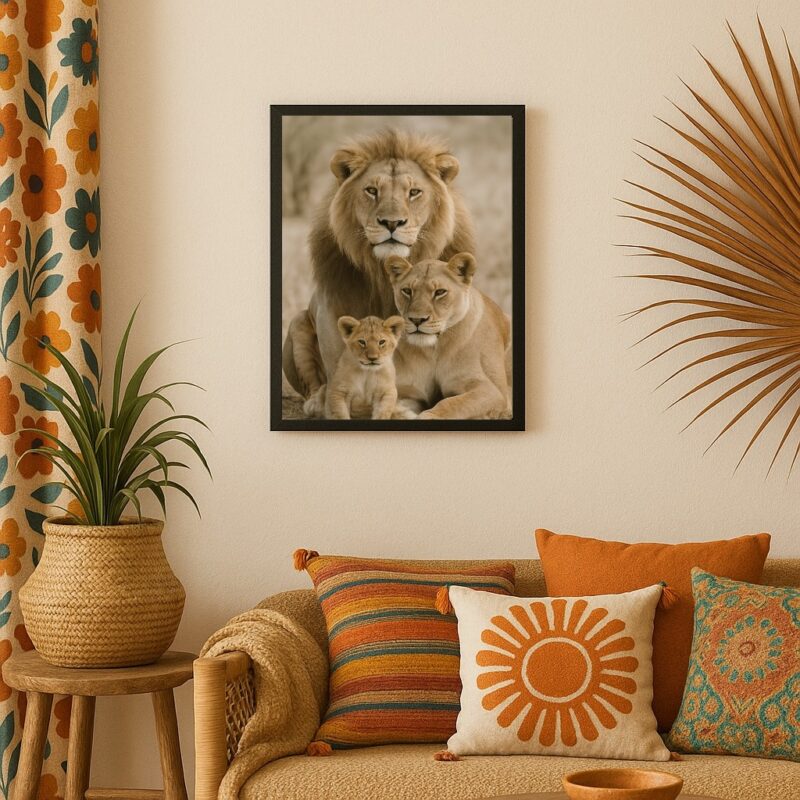 Quadro Fotografia Família De Leões Bege - 1 Filhote