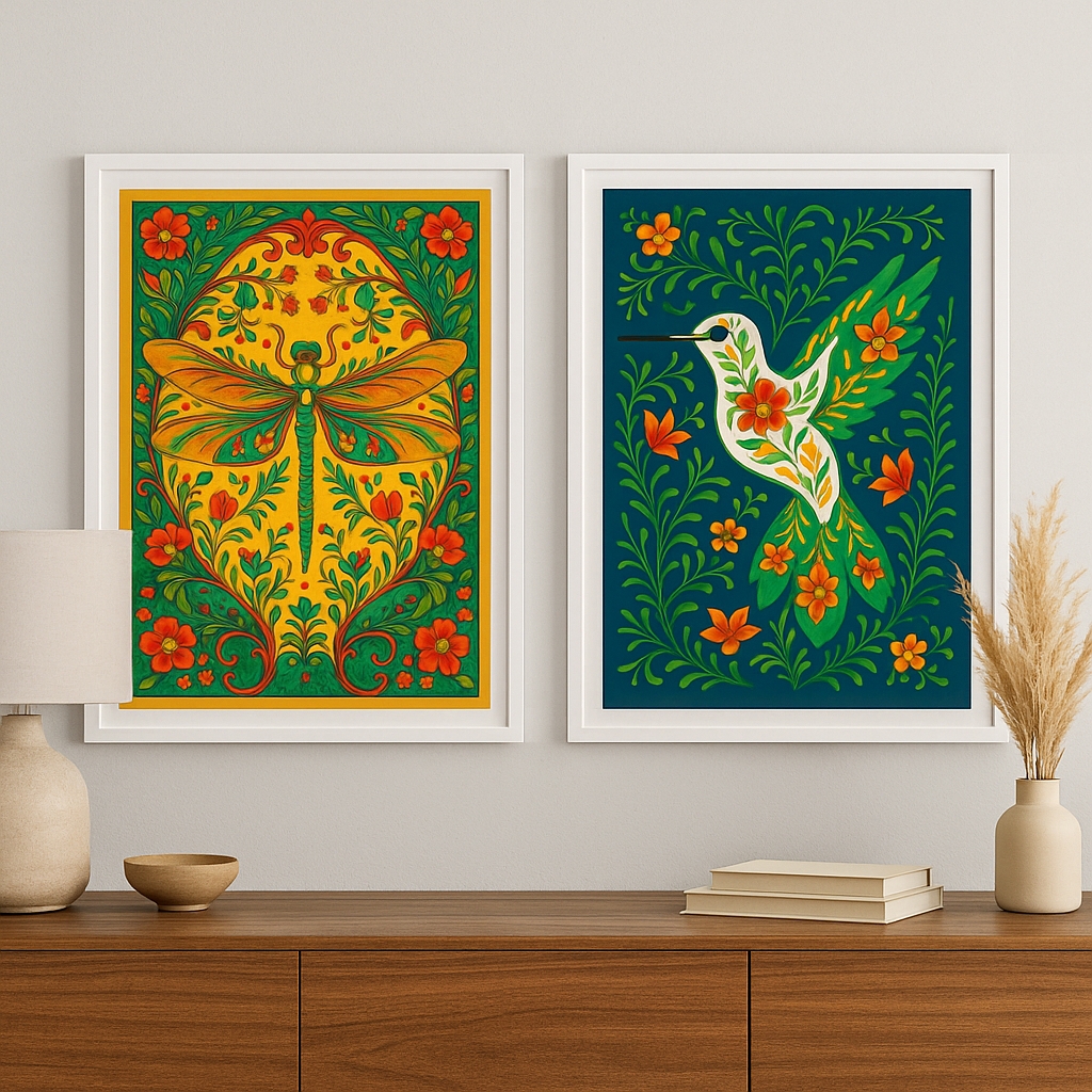 Kit 2 Quadros Boho Chic atureza Colorida – Libélula & Beija-Flor