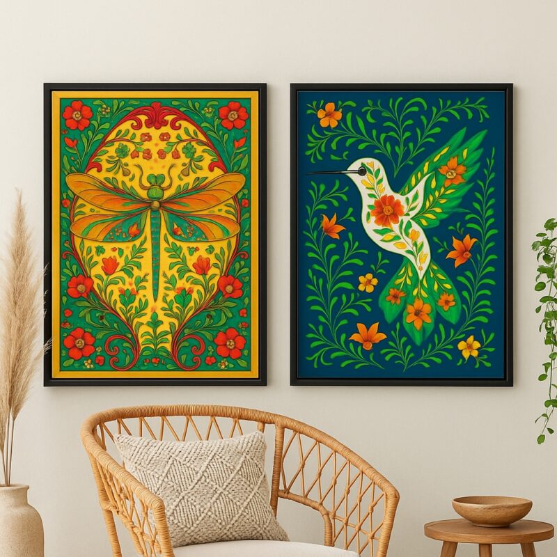 Kit 2 Quadros Boho Chic atureza Colorida – Libélula & Beija-Flor