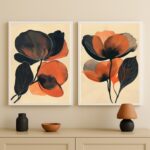 Kit 2 Quadros Flores Marrom Terracota e Preto