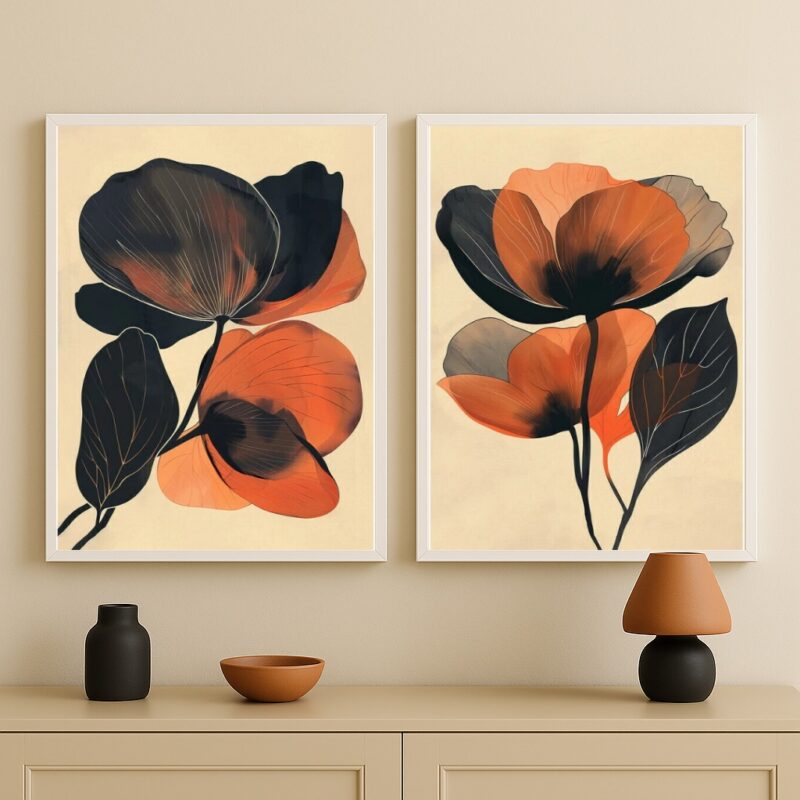 Kit 2 Quadros Flores Marrom Terracota e Preto