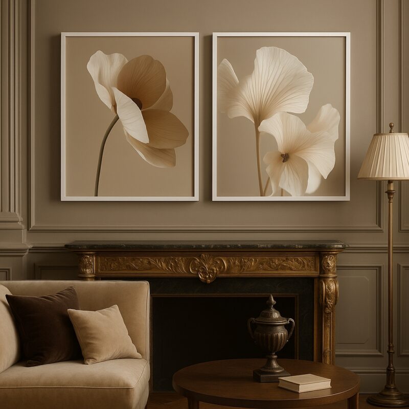 Kit 2 Quadros Flores Sofisticadas Elegantes Bege Cinza