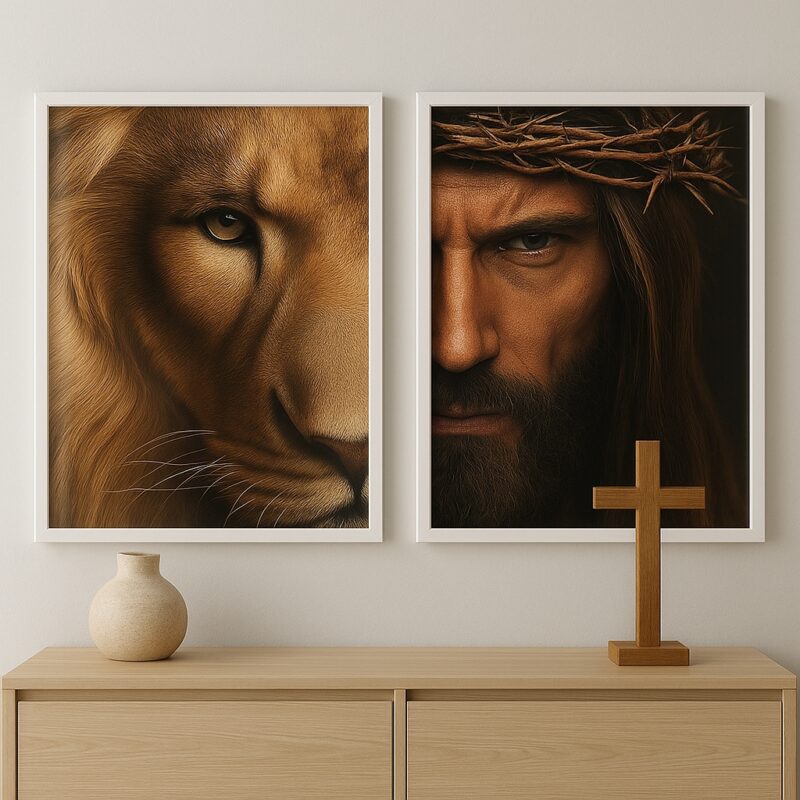 Kit 2 Quadros Rosto de Jesus Cristo e Leão